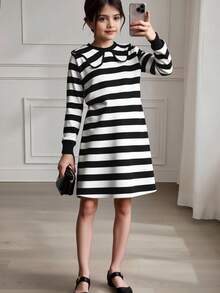 SHEIN Tween 女童彼得潘领长袖黑白条纹 A 字裙 - 黑與白 - 查看 4