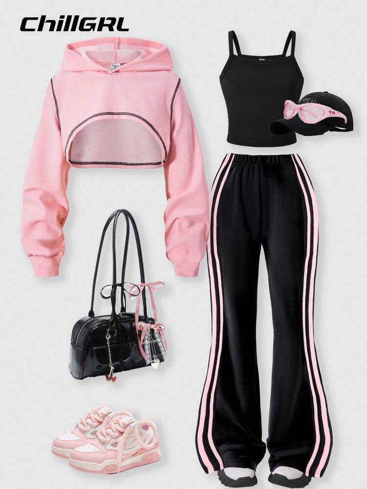 SHEIN 3pcs/Set Street Cool Kids Girls Outfit: Long Sleeve Cropped Hoodie, Spaghetti Strap Tank Top, And Casual Knit Flare Pants, Suitable For Daily Casual Wear And Fashion Parties, Spring/Autumn, YK2 Apparel Fall Winter