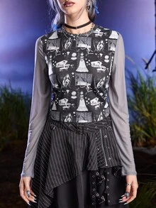 Corpse Bride X SHEIN 女款拼色卡通人物图案修身长袖T恤 - 黑色 - 查看 5