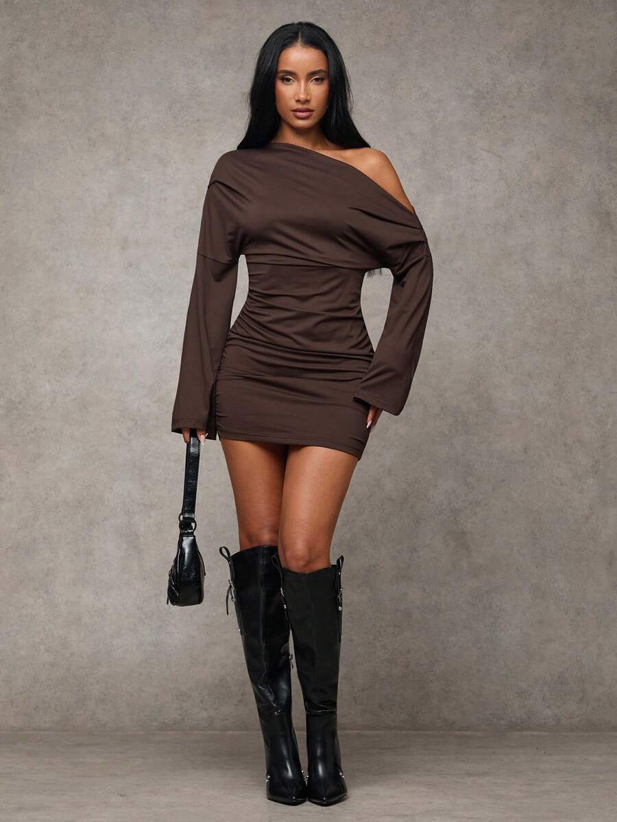 SHEIN BAE Sukienka damska w jednolitym kolorze, minimalistyczna, swobodna, asymetryczna, z odkrytymi ramionami