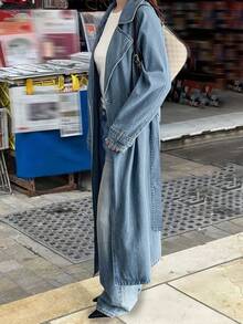 Livesso 女式收腰牛仔风衣外套，秋季 - 藍色 - 查看 4