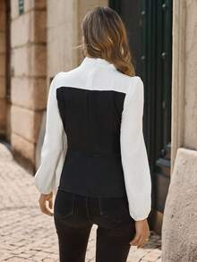 EMERY ROSE Áo sơ mi nữ cổ đứng màu tương phản, áo dài tay - Đen và trắng - Xem 2