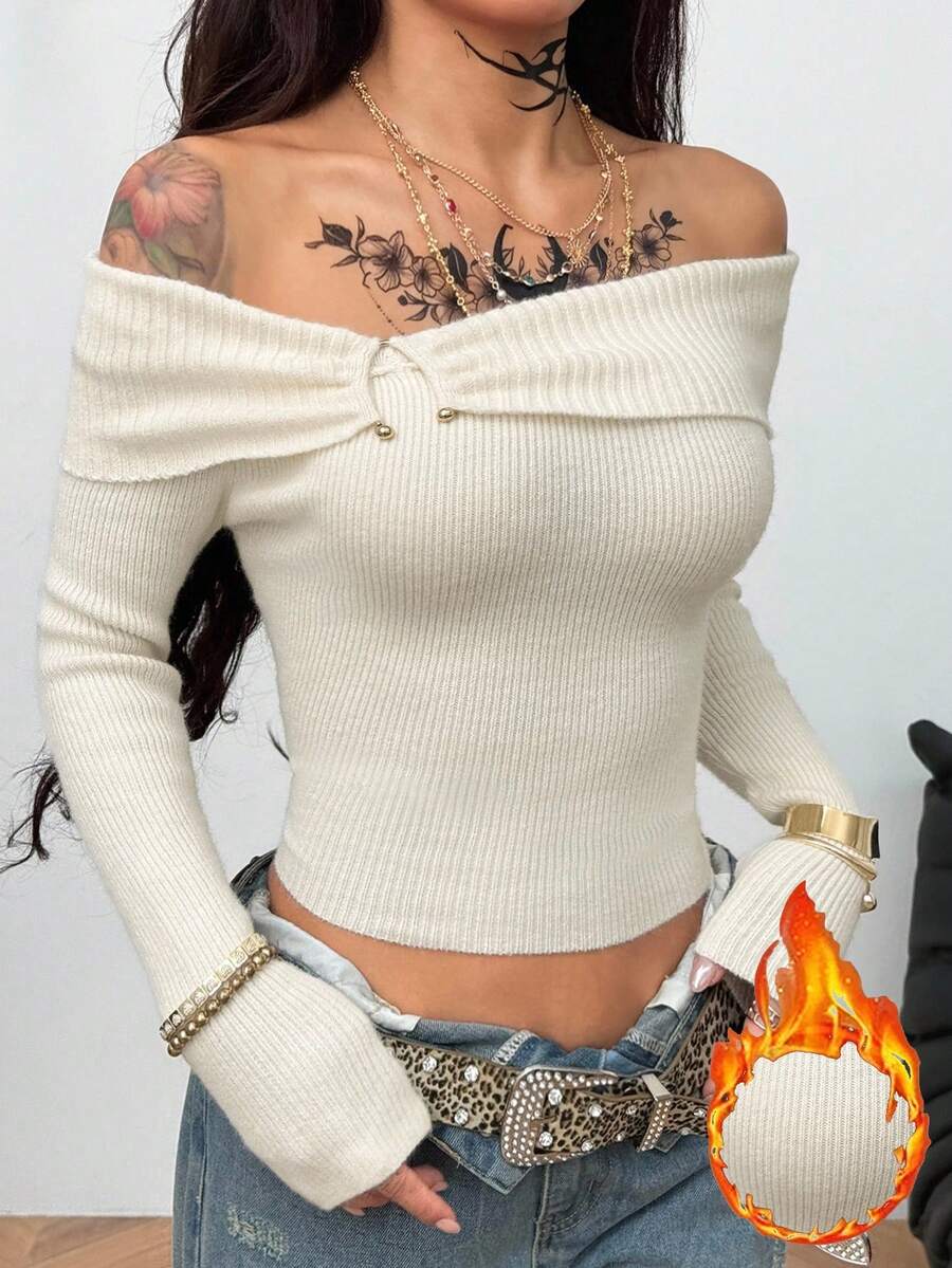 Coolane 女士秋季街头服饰外出派对乡村音乐会复古 Y2K 弹力露肩毛衣 - 米色 - 查看 1