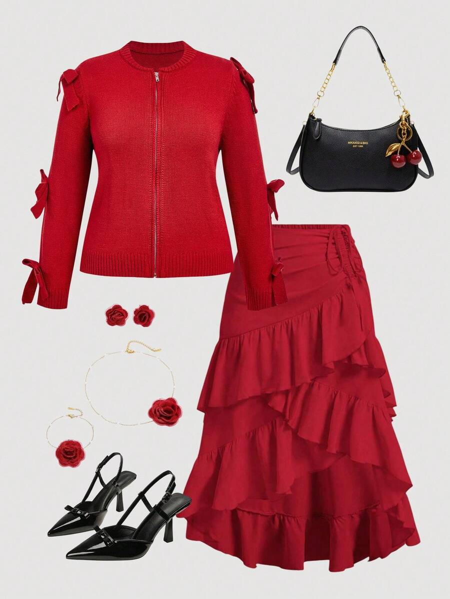 SHEIN MOD Cárdigan de punto con cremallera delantera abierta, manga larga y decoración de lazo rojo, talla grande