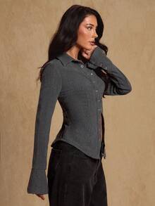 Glamine Chemise décontractée élégante en gris foncé tissé, sans stretch, col à revers, fermeture par boutons devant, poignets évasés, blouse à manches longues pour femmes, printemps/automne - Gris foncé - Voir 6