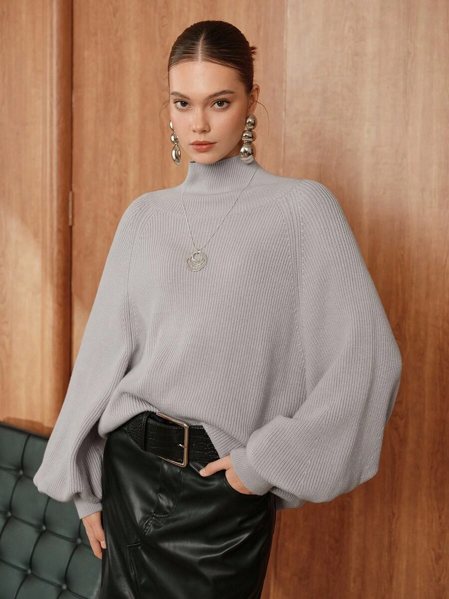 SHEIN Unity 新款高领针织毛衣，宽松修身休闲冬季外套 - 灰色 - 查看 1