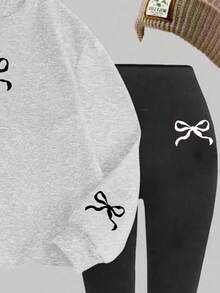 SHEIN Leap Crew 2 件套可爱迷你蝴蝶结印花套头连帽衫和裤子，粉色，适合少女秋冬休闲装