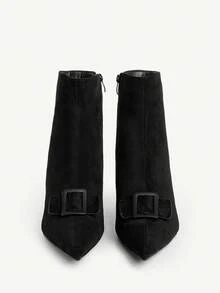 CUCCOO CHICEST Women's Fashion Kitten Heel All-Match Style Versatile Striped Metal Decor Zipper Knee-High Boots - Black - View 9
