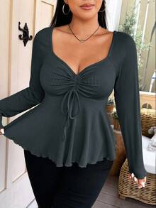 Vionelle Plus Size Rhinestone Neck Front Drawstring Ribbed Long Sleeve T-Shirt - Dark Grey - View 4