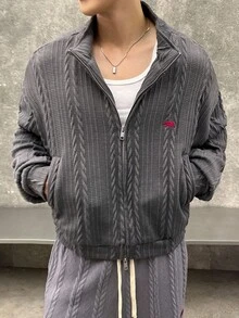 Mainfolk Men's Autumn Animal Embroidery Drop Shoulder Zip Front Casual Jacket, For Fall Winter, Spring, Y2K - Grey - View 5