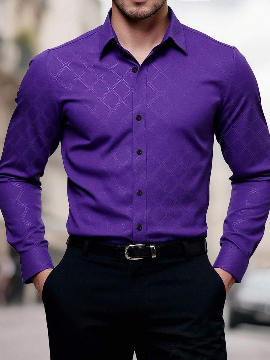 Manfinity Mode 男士菱形格纹印花长袖衬衫，男士紫色正装衬衫，男士修身正装衬衫，男士正装衬衫 - 紫色 - 查看 1