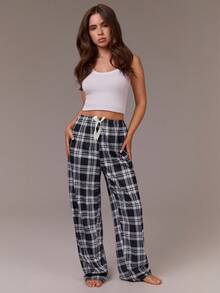 Athîral Women's Plaid Bow Decor Loose Pajama Pants - Mint Blue - View 3