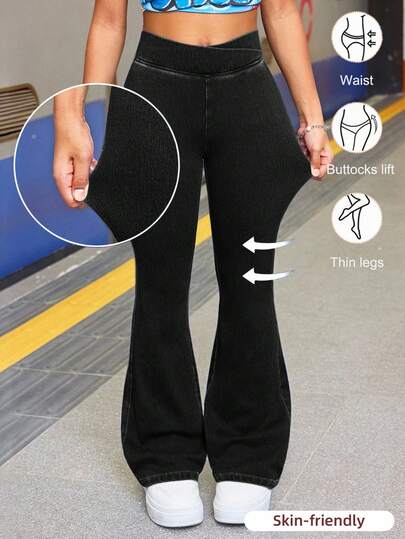 SHEIN Jeans acampanados elásticos y ajustados de mezclilla azul, básicos de ejercicio diario de moda casual para adolescentes, atuendo diario y para las cuatro estaciones