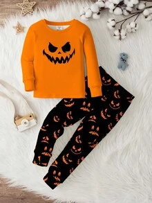 SHEIN 小男孩休闲简约万圣节蜘蛛可爱卡通修身圆领长袖睡衣套装，适合秋冬季 - 彩色 - 查看 2