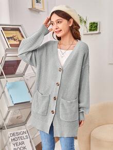 SHEIN Cárdigan de manga larga con cuello en V de color gris sólido para adolescentes en otoño/invierno - Gris - Ver 5