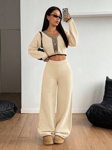 SHEIN PETITE 女士毛呢宽松家居两件套西装居家舒适休闲套装 - 杏色 - 查看 7