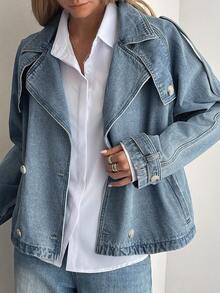 Livesso 女式宽松翻领牛仔夹克，秋季 - 藍色 - 查看 6