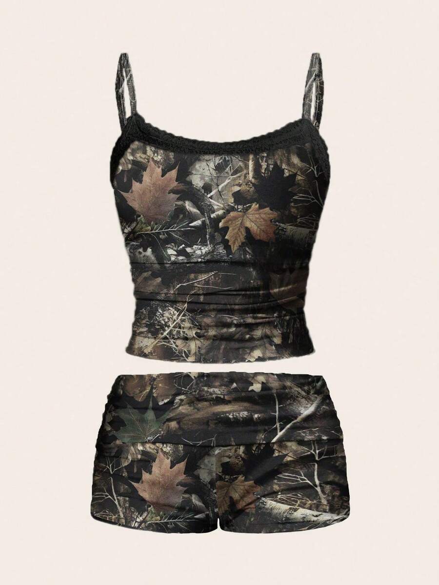 SHEIN EZwear 2 件套女式树枝迷彩蕾丝边褶饰吊带背心和短裤