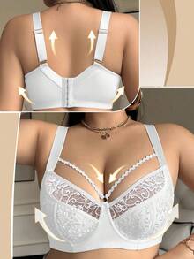 SHEIN 1pc Plus Size Mesh Embroidered Underwire Bra - White - View 6