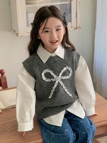 DAZY 少女系可爱蝴蝶结针织毛衣，秋冬 - 灰色 - 查看 2