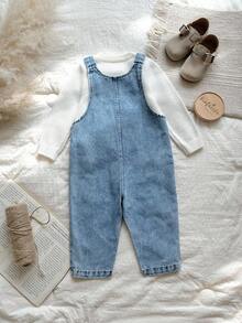 Vintaside Kids Baby Girl Sleeveless Fashionable & Simple Western-Style Towel Embroidered Washed Denim Jumpsuit, Comfortable For Camping And Home Wear, Suitable For Autumn Season - Baby Blue - View 2