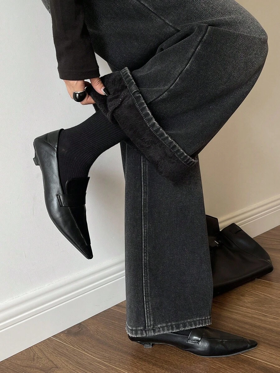 DAZY Women's Loose Flared Thermal-Lined Long Casual Jeans, Autumn/Winter - Dark Grey - View 1