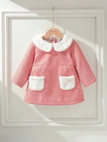 SHEIN Áo khoác lông trắng cổ điển họa tiết răng sói đỏ kiểu Pháp thanh lịch cho bé gái, mùa thu/đông - Màu Hồng baby - Xem 1