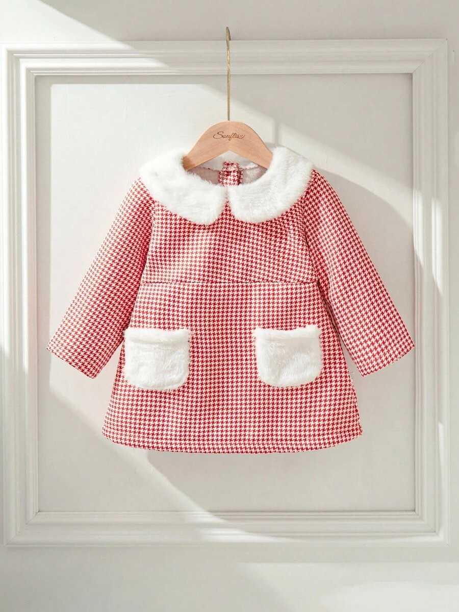 SHEIN Áo khoác lông trắng cổ điển họa tiết răng sói đỏ kiểu Pháp thanh lịch cho bé gái, mùa thu/đông - Màu Hồng baby - Xem 1