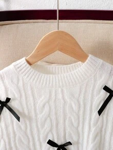 SHEIN Suéter casual de niña preadolescente con contraste de color, decoración de lazo y tejido acanalado, cómodo y lindo, adecuado para uso diario - Blanco - Ver 6