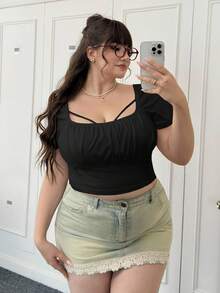 CovetEZ Plus Ruched Bust Square Neck Crop Tee - Black - View 7