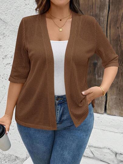 SHEIN LUNE 纹理面料前开式 3/4 袖修身大码夹克大码棕色开衫棕色披肩大码披肩秋冬大码罗纹针织开衫