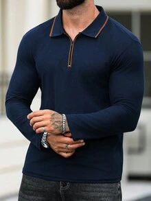 Manfinity Mode Men's Zipper Design Long Sleeve Casual Commuter Quarter Zip Shirt, Fall, Old Money - Royal Blue - View 5