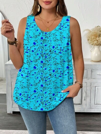 EMERY ROSE Women's Plus Size Summer Allover Floral Printed Tank Top Graphic Tees Women Tops