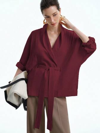 Aalyst Women's French Elegant Chic Casual Loose Linen Blend Shirt Jacket With Belt, Lightweight For Spring, Autumn & Winter, Suitable For Vacation, Commute