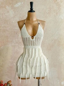 Soleia Soleia Women's Holiday V-Neck Hollow Out Wooden Bead Fitted Knit Dress With Tassel Hem, Spaghetti Strap Tie Back Knit Maxi Dress For Vacation, Date, Afternoon Tea, Party, Beach, Cruise, Island, Road Trip, Wedding, Music Festival, Boho Vacation, Beach Outfit, Can Be Worn Inside Or Outside