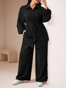 Veilorie Plus Size Solid Color Front Button Long Sleeve Top And Insert Pocket Long Pants 2Pcs Set 2 Pieces Set - Black - View 2