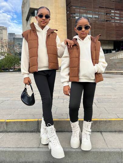 SHEIN Conjunto de 3 piezas para niñas preadolescentes con abrigo sin mangas con cuello mao acolchado, sudadera de manga larga y leggings, conjunto de ropa de otoño/invierno