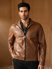 HIMLAND Men's Vintage Stand Collar Leather Jacket, Suitable For Autumn, For Fall Winter