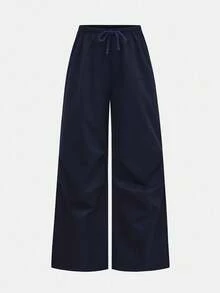 Girlism Teen Girls Navy Blue Ribbed Long Sleeve Mock Neck Contrast Trim Button Design Tight Fit Turtleneck Top And Wide Leg Pleated Pants Casual Street Chic Two Pieces Set Fall Winter