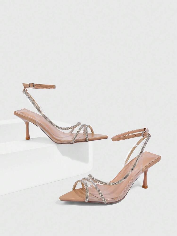 CUCCOO SZL Apricot Rhinestone Transparent PVC Peep Toe Ankle Strap Sexy High Heel Sandals, Suitable For Dates, Gatherings, Parties For Christmas Spring Shoes Prom Heels