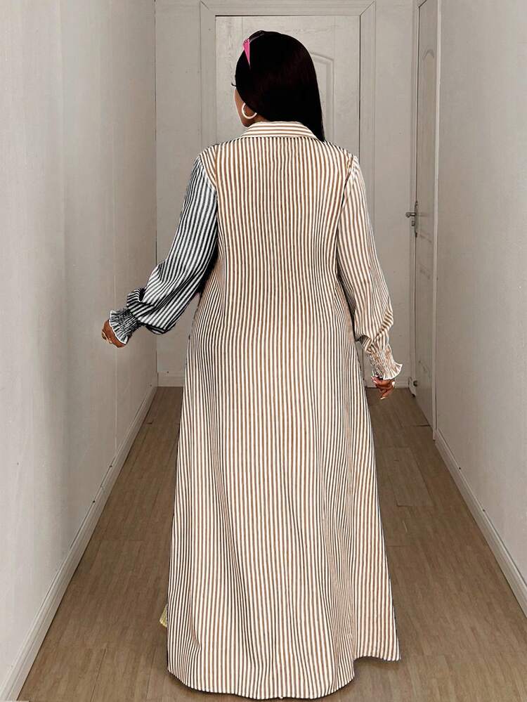 Maweii 2025 Robe d'été polyvalente à col montant, design mode avec fente haute, pour femmes rondes, imprimé blocs de couleurs rayé, manches bouffantes, idéale pour le quotidien et les sorties - Multicolore - Voir 2