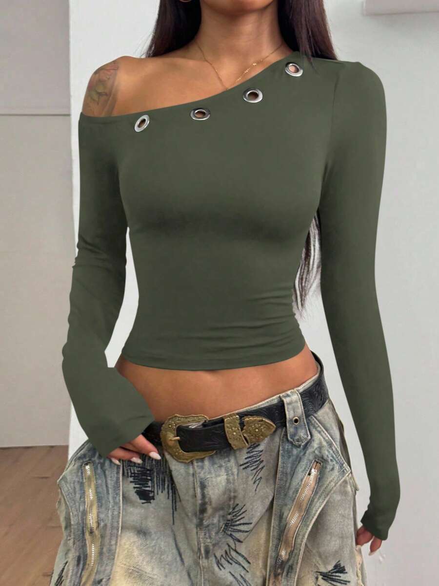 StreetHx Camiseta de manga larga ajustada con decoración de ojales para mujer, otoño temprano