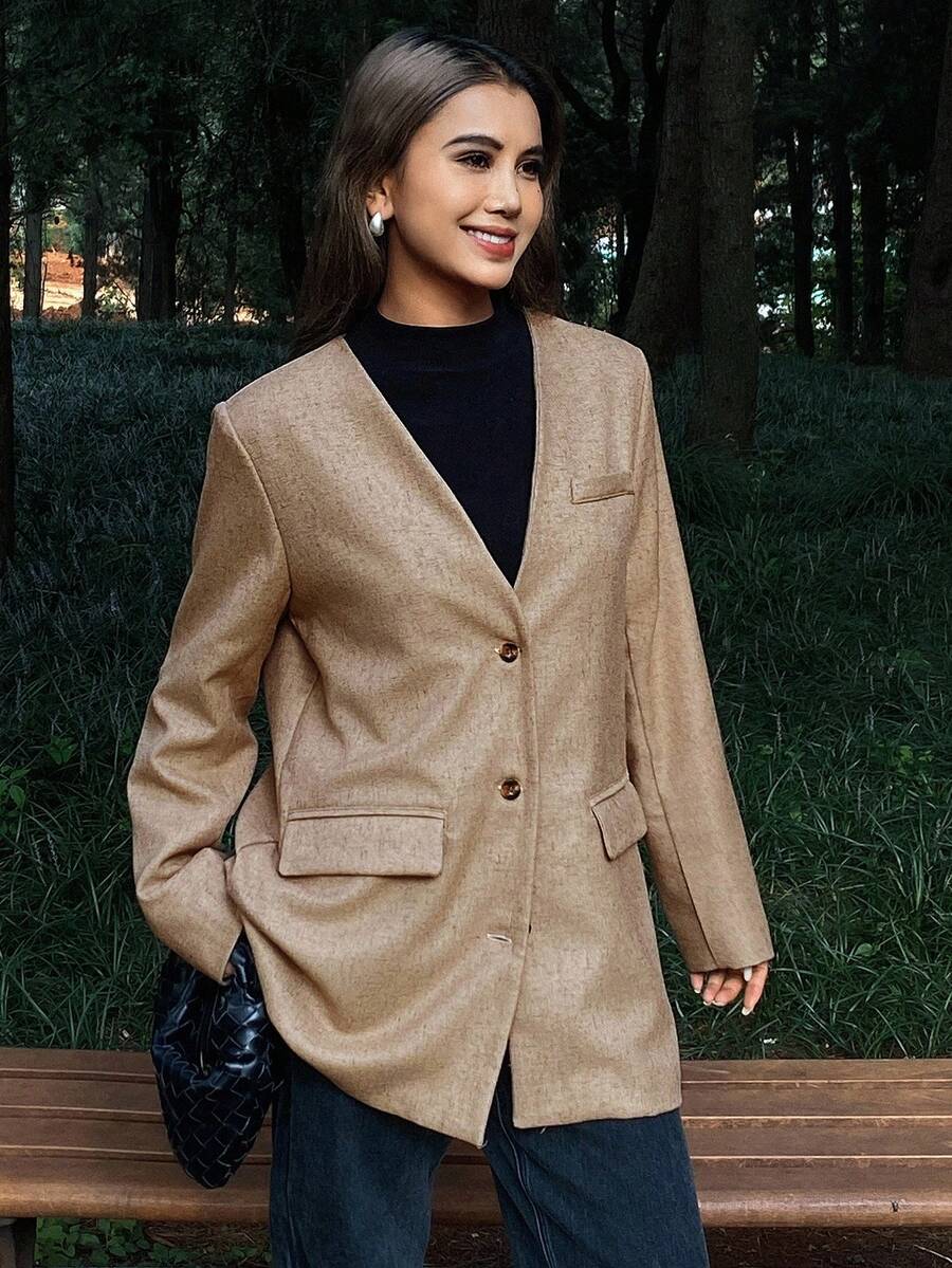 DAZY Women's Loose Fit V-Neck Long Sleeve Casual Street Style Jacket, Autumn/Winter Business Attire - Khaki - View 1