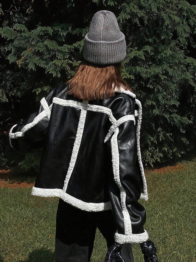 Women's Black And White Faux Shearling Collar Leather Jacket,Patchwork Contrast Color Thick Coats,Loose Fit Long Sleeve Everyday Autumn Streetwear