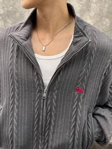 Mainfolk Men's Autumn Animal Embroidery Drop Shoulder Zip Front Casual Jacket, For Fall Winter, Spring, Y2K - Grey - View 4