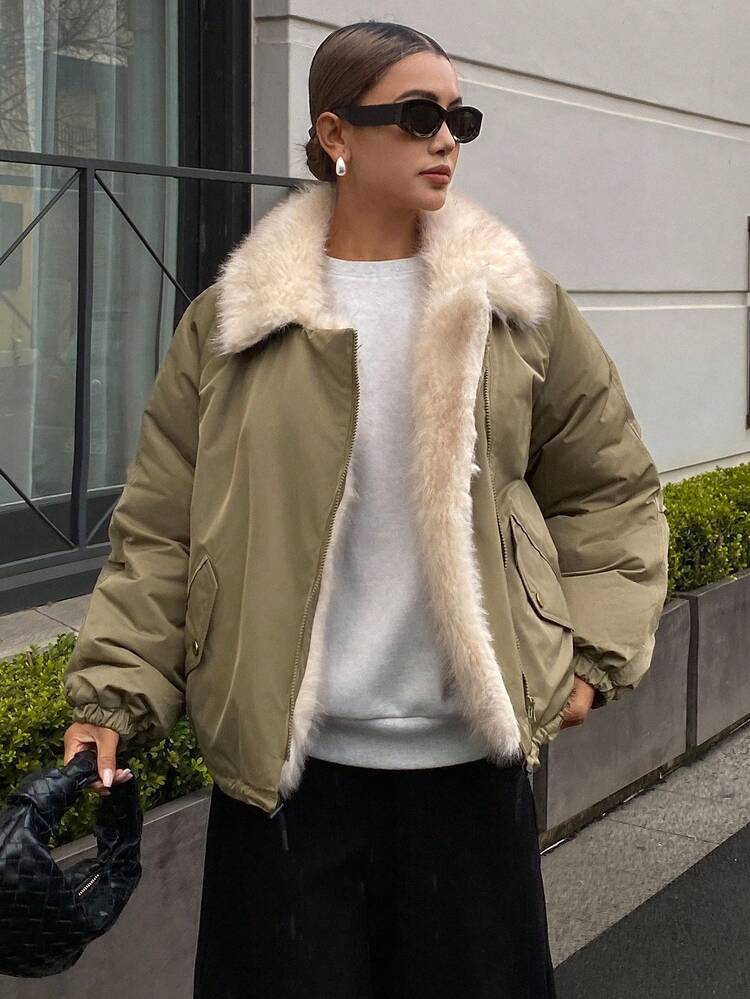 Women's Casual Fuzzy Patchwork Jacket, Winter Women Coats