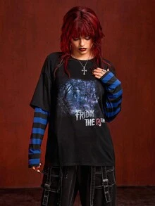 Friday the 13th X ROMWE Women's Casual Fashion Street Goth Style Letter & Tree Pattern Contrast Stripe 2-In-1 Loose T-Shirt, Spring/Autumn - Black - View 8
