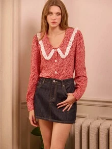 lacRébo Vintage Red Floral Print Blouse With Oversized Lace-Trim Collar And Long Sleeves Spring Women Spring Spring Summer New Year - Red - View 3