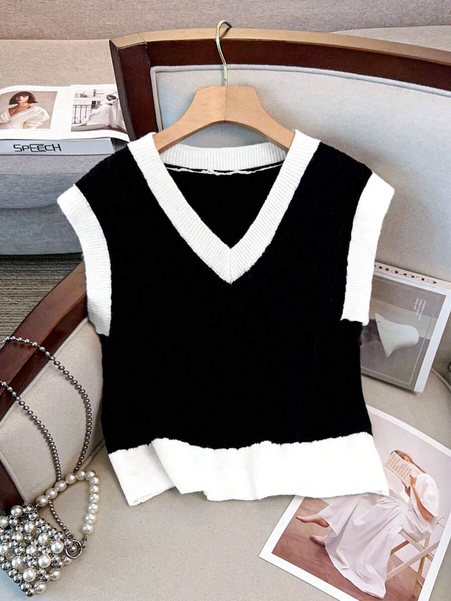 GlowEve CURVE Áo khoác len cardigan cổ chữ V không tay màu tương phản cỡ lớn dành cho nữ, trang phục mặc nhiều lớp thường ngày cho mùa xuân và mùa thu - Đen và trắng - Xem 1