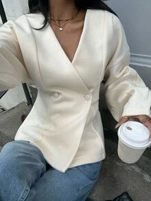 秋季纯色双纽扣门襟大衣，适合日常街头穿着，斜襟领，大衣，奶油色女士，秋冬休闲修身夹克，秋季女士，秋季女装，女士外出法式服装 - 杏色 - 查看 8